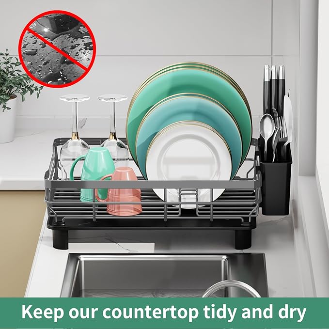 MOUKABAL Dish Drying Rack, Dish Rack, Large Dish Racks for Kitchen Counter, Drying Rack Kitchen with Removable Utensil Holder, Drainboard (Grey/Gray)-Ruum Studio Home
