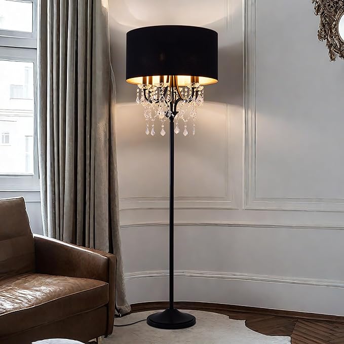 Wellmet Black Crystal Drum Shade Floor Lamp, 6 Light Black Gold Shade, Candle Base, for Living Room, Bedroom, Reading Room, Hallway, Corridor-Ruum Studio Home
