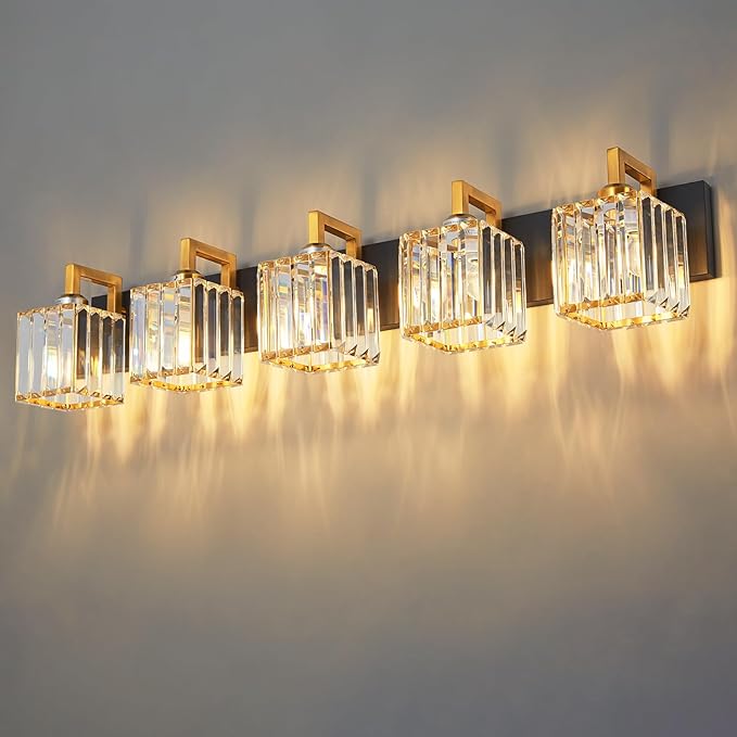 Modern Bathroom Vanity Light 5-Lights Black Gold Crystal Wall Lamp Bathroom Modern Crystal Vanity Lighting-Ruum Studio Home
