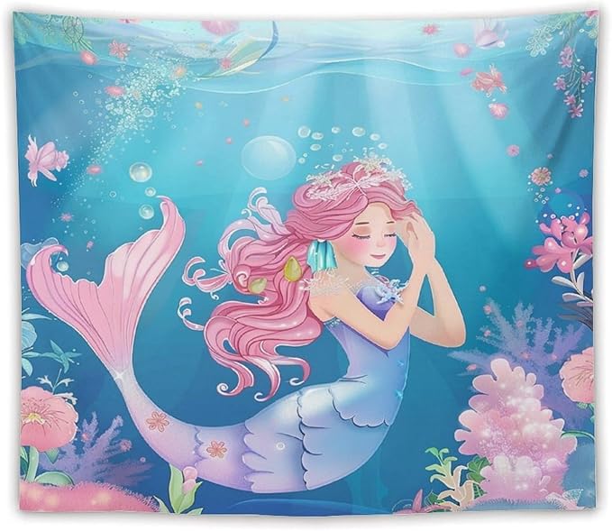 HZOHNAGO Mermaid Girls Tapestry Watercolor Flowers Mermaid Princess Blessing Pattern for Kids Room Decoration Printed Wall Tapestry Wall Hanging for Bedroom Living Room Dorm 60" W x 50" H-Ruum Studio Home