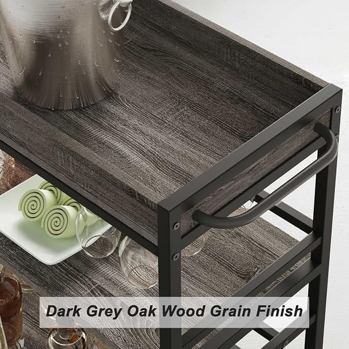 BON AUGURE Bar Cart, Home Bar Serving Cart on Wheels, Mobile 3 Tier Liquor Beverage Carts with Wine Rack and Glass Holder (Grey Oak)-Ruum Studio Home