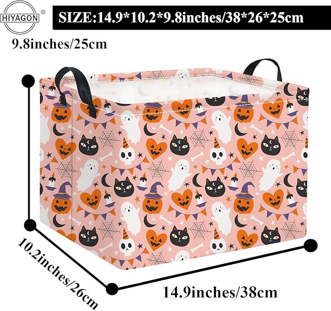 HIYAGON Rectangular Halloween Basket for Boys and Girls Kids Trick or Treat Pumpkin Basket for Halloween Parties Cute Storage Bin Organizer Box Room Decor(Pink Halloween)-Ruum Studio Home
