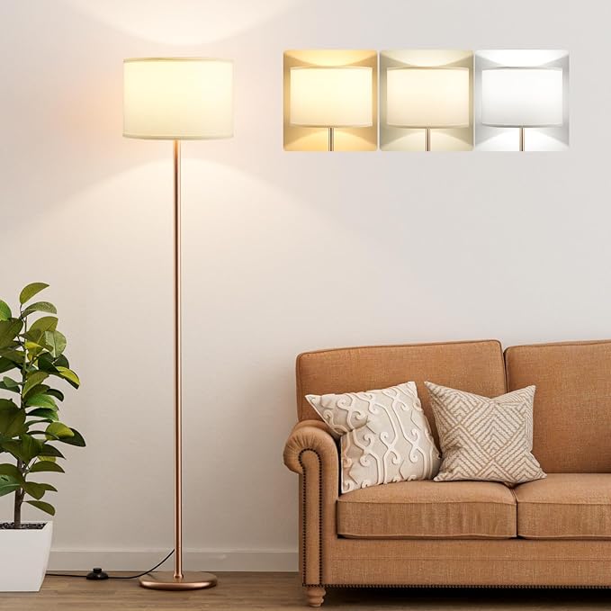 Ambimall 60'' Modern Floor Lamp with Shade, Tall Lamps for Living Room, Bedroom, Office, Dining Room, White Shade with Brown Pole(Without Bulb)-Ruum Studio Home
