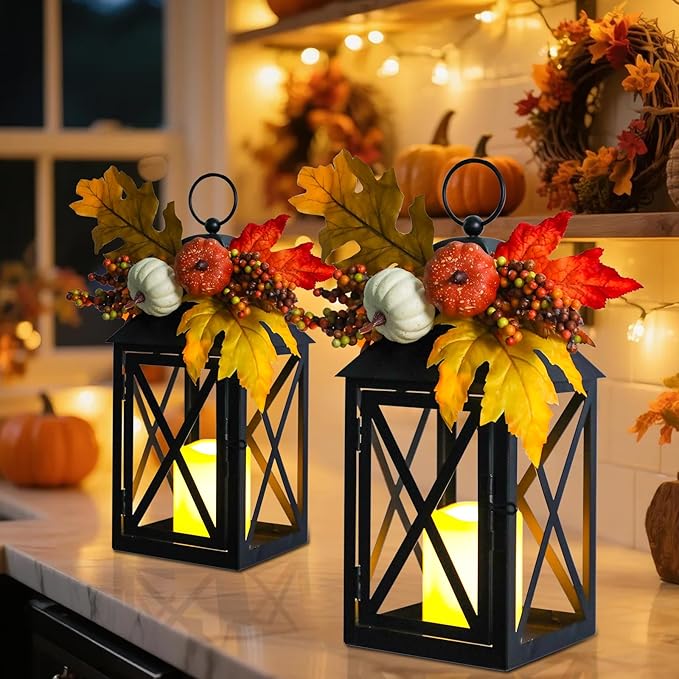 Fall Decor Lantern for Home, Large Decorative Lanterns Outdoor Waterproof 12" Battery Powered Decorative Lanterns Metal Hanging LED Candle Holder, Flameless Candle Lantern for Indoor 2 Packs-Ruum Studio Home