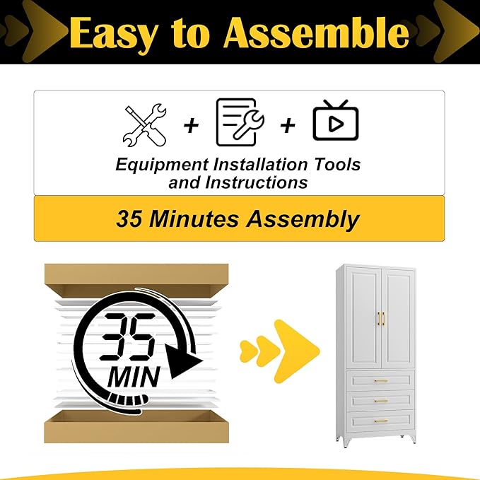 75" Kitchen Pantry Cabinet with 3 Drawer,Metal Storage Cabinets with Doors and 4 Adjustable Shelves,White Kitchen Cabinet with 2 Gold Handles,Food Cupboard for Livingroom,Pantry, Bathroom-Ruum Studio Home