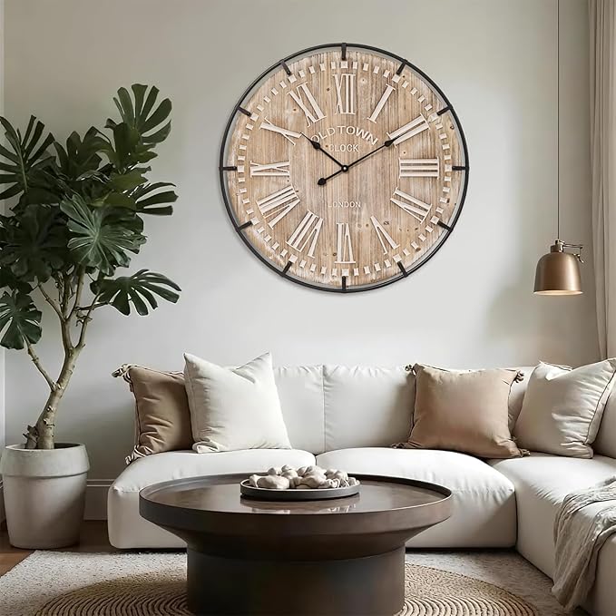Farmhouse Wall Clock 30 Inch - Rustic Wood Metal Decor, Silent Sweep, Battery Operated for Living Room Kitchen Office, Brown-Ruum Studio Home