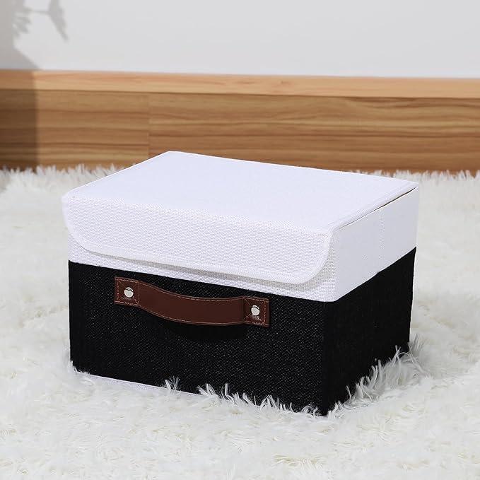 ANMINY Storage Boxes with Lids Washable Decorative Storage Bins Basket with PU Leather Handle Foldable Linen Fabric Storage Cubes Containers for Home Closet Organizer - Black White, Small Size-Ruum Studio Home