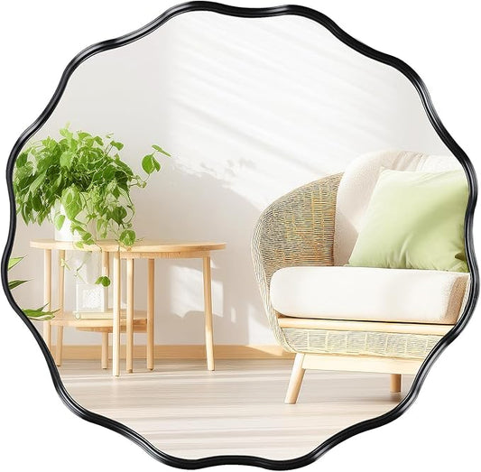 Fabuady Black Round Wavy Edge Mirror - 20'' Circle Wall Mirror with Metal Frame, Decorative Hanging/Leaning Mirrors for Bathroom, Bedroom, Living Room, Hallway, Entryway, Office, Home Decor-Ruum Studio Home