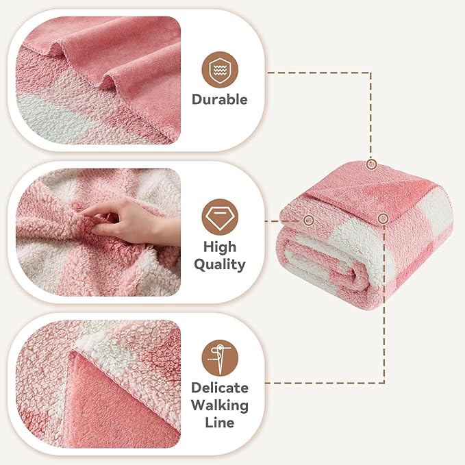 LURKA Checkered Sherpa Fleece Throw Blanket - Extra Thick and Warm Winter Soft Fuzzy Plush Blanket for Couches, Beds & Pets, Powder Pink, 50x60 Inches-Ruum Studio Home