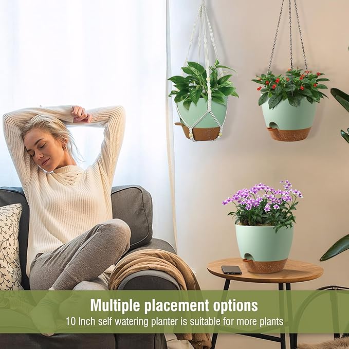 10 inch Self Watering Hanging Planters for Indoor Plants, 2 Pack Hanging Baskets for Outdoor Plants, Hanging Flower Pots with Drainage Holes & 2 Kinds of Plant Hangers for Home Decor, Green-Ruum Studio Home