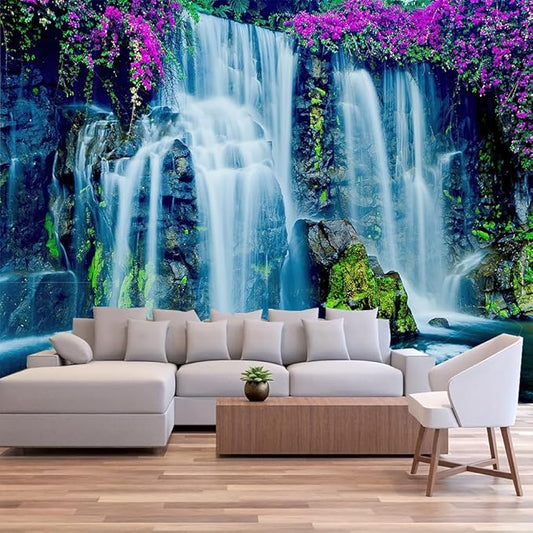 FENDROM Waterfall Tapestry Purple Forest Wild Flowers Floral Mountain Jungle Plants Nature Landscape Wall Hanging Bedroom Living Room Hanging Decorative Blanket-Ruum Studio Home