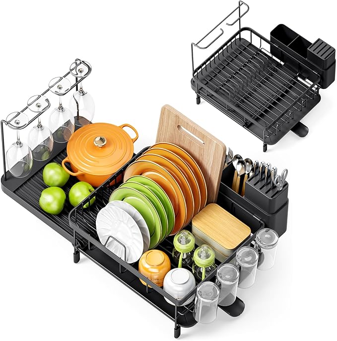 Dish Drying Rack for Kitchen Counter, Expandable Large Capacity Dish Rack with Drainboard, Wine Glasses Holder, Space Saving Organizer, Black-Ruum Studio Home