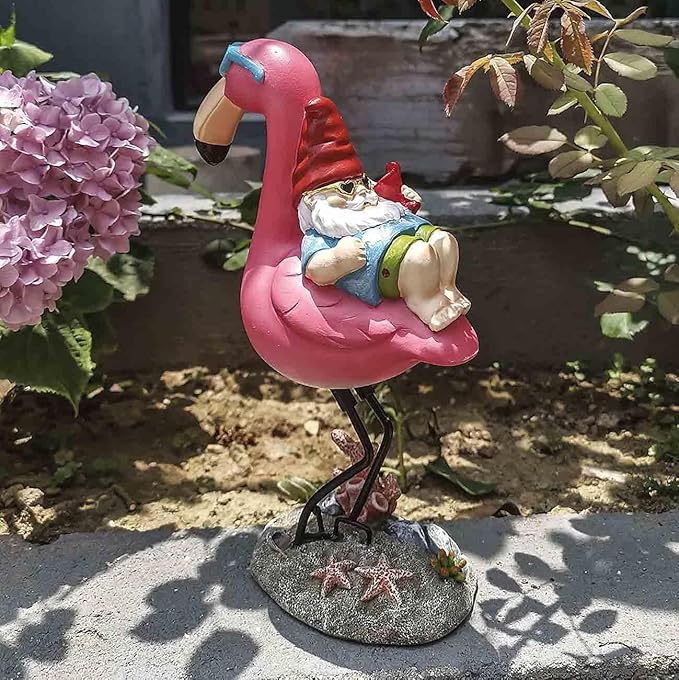 Gnome Garden Statue Funny Gnome Reclining on Flamingo Dwarf Figurines Resin Garden Gnomes Fall Decorations Outdoor for Patio Yard Lawn Porch Housewarming Ornament Gift-Ruum Studio Home