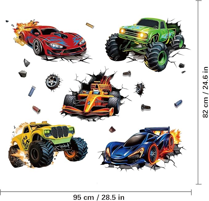 3D Racing Cars Wall Decals - Truck Bursting Through Wall, F1 Racing Cars Wall Stickers for Kids Room Boys Bedroom-Ruum Studio Home