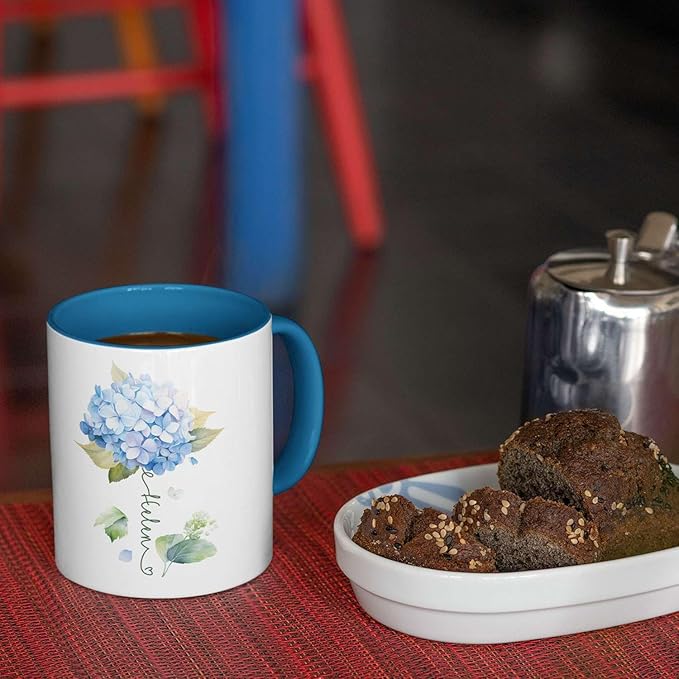 Custom Hydrangea Blossom Design Mug, Personalized Name Blue Flower Coffee Cup, Customized Flower Ceramic Mug For Floral Lover, Hydrangea Decorative Cup 11oz Or 15oz, Gift For Birthday-Ruum Studio Home