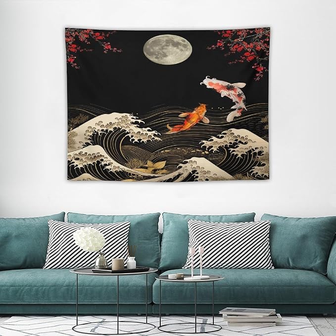 Houselerax Koi Fish Tapestry, Japanese Style Yin Yang Big Wave Cherry Blossom Tapestries Wall Hanging for Bedroom Living Room Office Decor 40"x30"-Ruum Studio Home