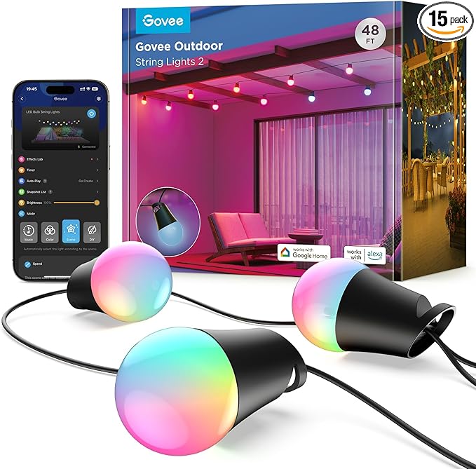 Govee Smart Outdoor String Lights 2, 48ft Outdoor Lights with Dimmable Warm White LED Bulbs, 47 Scene Modes for Patio, Backyard, Balcony, IP65 Waterproof, Works with Alexa, App Control-Ruum Studio Home