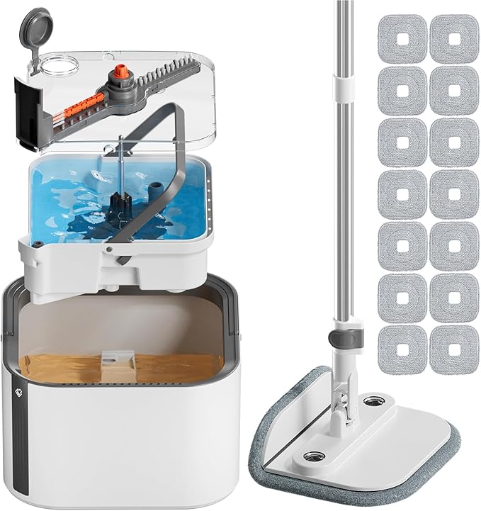 Upgraded Spin Mop and Bucket Self-Standing Mop Bucket Separate Dirty and Clean Water System Self Wringing 360° Rotating Clean Mop and Bucket Set (Light Gray, 14Pads Mop and Bucket Set)-Ruum Studio Home