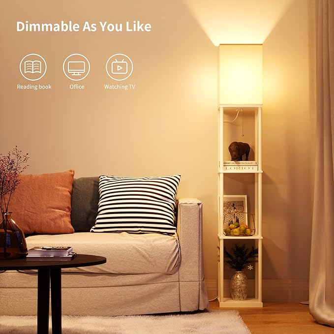 SUNMORY Shelf Floor Lamp with 3-Way Dimmable LED Bulb, Modern Square Standing Lamp with Shelves and White Shade, Corner Display Bookshelf Lamp for Living Room and Bedroom(White)-Ruum Studio Home