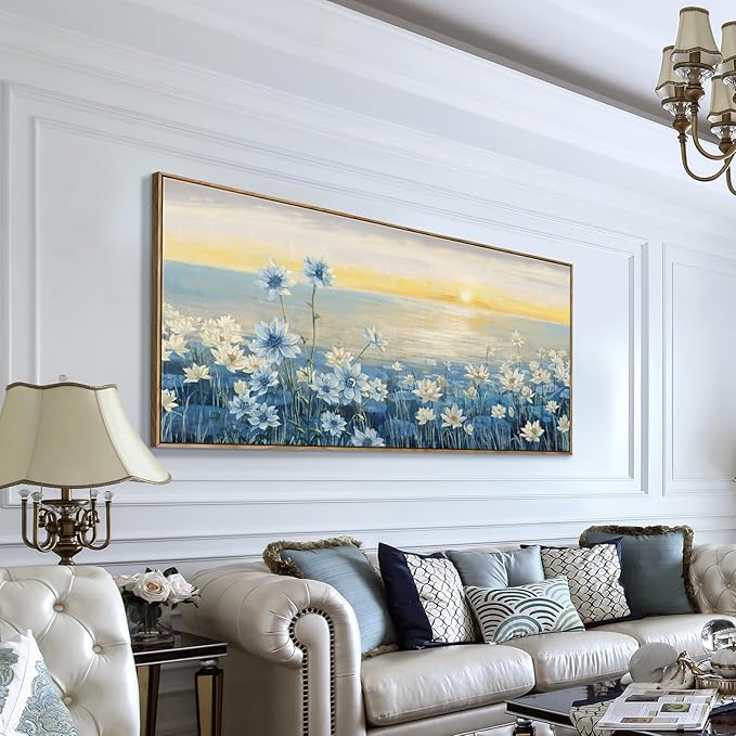 Large Wall Art for Living Room Modern Framed Coastal Beachy Canvas Wall Art Big Floral Sunrise Blue Wall Picture Oversized Lake Nature Sunset Artwork for Office Bedroom Decor-Ruum Studio Home