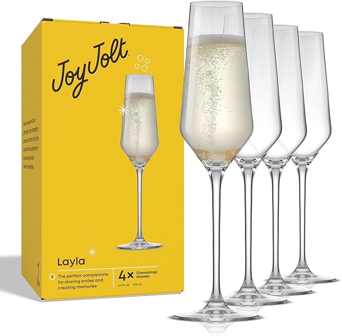 JoyJolt Champagne Glasses Layla Collection, Set of 4 – 6.7 oz Elegant Crystal Stemmed Champagne Flutes for Prosecco, Sparkling Wine, Mimosas, Cocktails, Weddings, Anniversaries, Parties-Ruum Studio Home