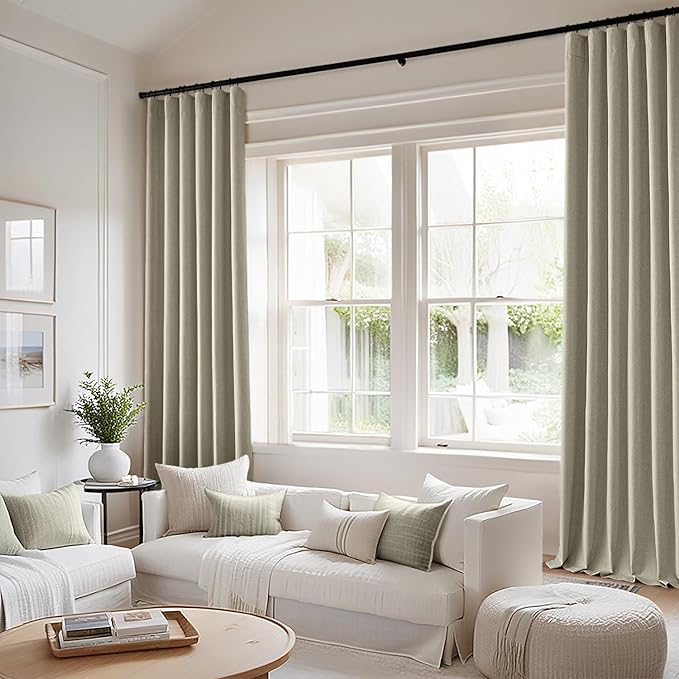 MIULEE 100% Blackout Curtains 120 Inch Long 2 Panels Set for Bedroom, Thick Luxury Faux Linen Black Out Curtain Room Darkening Back Tab Pleat Window Textured Drapes with Hooks for Living Room, Oatmeal-Ruum Studio Home