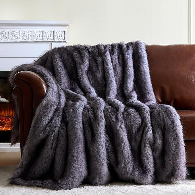 Fluffy Faux Fur Throw Blanket – Super Soft Warm Thick Plush Blanket for Bed, Couch & Office, Cozy Fuzzy Throw with Flannel Backing,60"x80", Grey-Ruum Studio Home