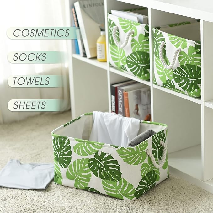 Storage Cubes, Storage Bins Baskets for Organizing 4 Pack for Organizing Toys, Clothes, Closet Baskets with Rope Handles for Nursery Home(White and Green,15.7"L×11.8"W×8.2"H)-Ruum Studio Home