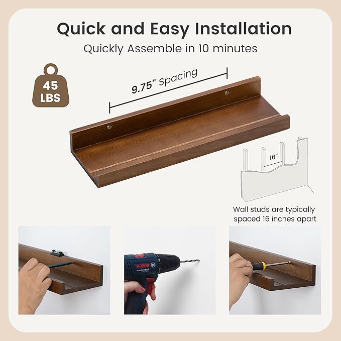 Pine Wood Rustic Floating Ledge Shelves Set of 3, 16 inches Width - Solid Pine, Walnut Finish - Kids' Room to Living Room Wall Decor-Ruum Studio Home