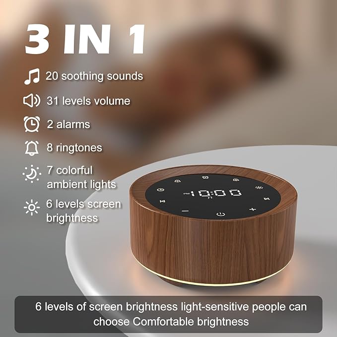 White Noise Sound Machine Alarm Clock 7 Color Night Light Sound Machine for Adult/Baby 20 Soothing Sound 31 Level Volume 6 Level Screen Brightness 5 Timer Set Memory Function Touch Control Wood Grain-Ruum Studio Home