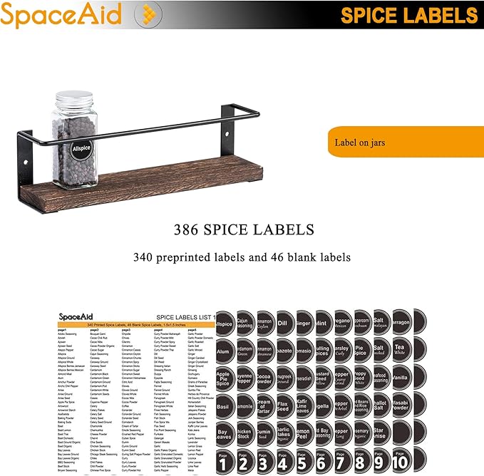 SpaceAid Spice Rack with 24 Spice Jars, 386 Spice Labels, Chalk Marker and Funnel, Wood Hanging Seasoning Shelf for Cabinet Door or Wall Mount (4 Pack)-Ruum Studio Home