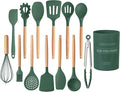 Country Kitchen Non Stick Silicone Utensil Set with Rounded Wood Handles for Cooking and Baking, 14 Piece Set, Green-Ruum Studio Home