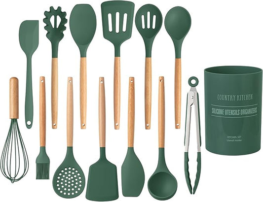 Country Kitchen Non Stick Silicone Utensil Set with Rounded Wood Handles for Cooking and Baking, 14 Piece Set, Green-Ruum Studio Home