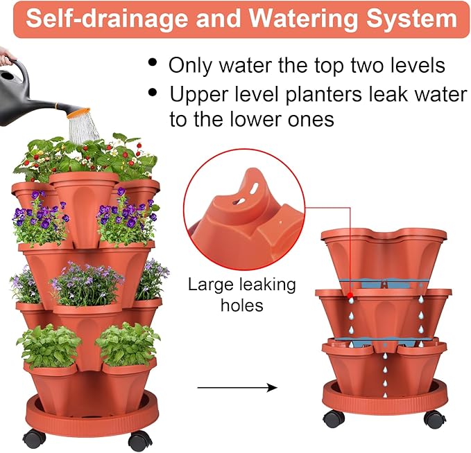 Vertical Planter 4 Tier Stackable Planters Garden Planters Strawberry Herb Flower and Vegetable Planter Indoor Outdoor Gardening Pots with Removable Wheels and Tools-Ruum Studio Home