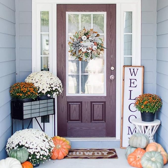 Fall Wreath for Front Door,20 inch White Pumpkin Door Wreath with Truck and Bow, Harvest Porch Decor, Fall Decoration Indoor Outdoor,-Ruum Studio Home