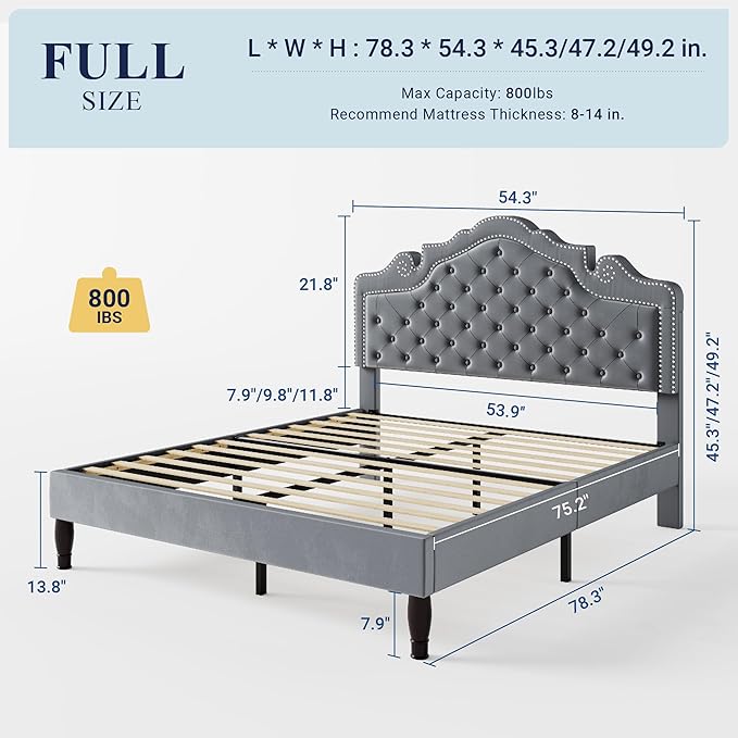 Allewie Full Size Bed Frame with Adjustable Velvet Tiara Headboard, Upholstered Diamond Button Tufted Platform Bed, Wood Slats Support, No Box Spring Needed, Light Grey-Ruum Studio Home