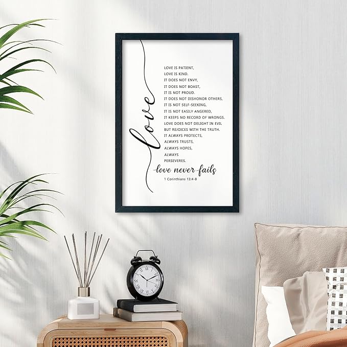 LuZhiQiang Love Is Patient Kind Wall Art 16"×11" Love Never Fails Sign 1 Corinthians 13 Bible Verse Wood Framed Wall Hanging Decor (Black)-Ruum Studio Home