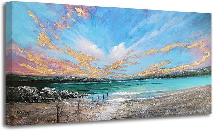 Arjun Ocean Teal Wall Art Canvas Coastal Beach Painting Blue Turquoise Landscape Sunset Picture, Panoramic Gold Foil Textured Large Artwork Framed for Living Room Bedroom Bathroom Wall Decor 40"x20"-Ruum Studio Home