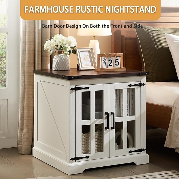 Farmhouse End Table with Charging Station,24" Large Sofa Side Table with Glass Barn Door, Rustic Wood Nightstand Bedside Table with Adjustable Storage Shelf for Living Room, Bedroom,White-Ruum Studio Home