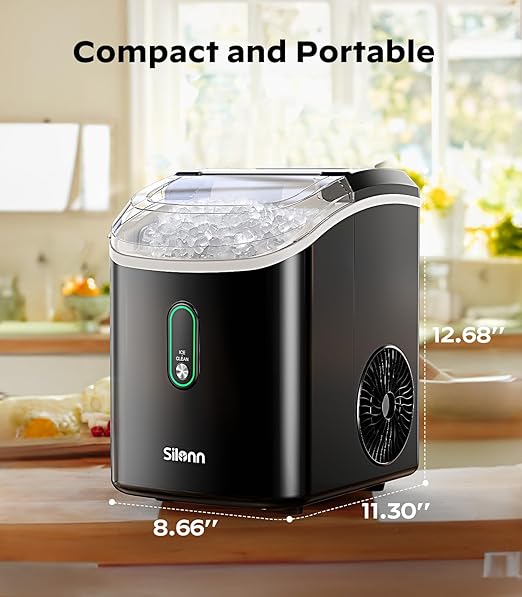 Silonn Nugget Ice Maker Countertop, Portable Pellet Ice Machine with Self-Cleaning Function, Sonic Ice Maker Produces 33lbs of Chewable Ice in 24 Hours, Ideal for Home Kitchen and Office, Black-Ruum Studio Home