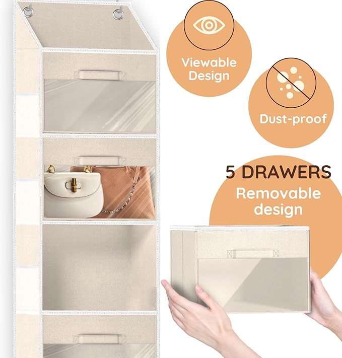 Over the Door Organizer with Drawers, 5 Tier Hanging Storage with Removable Bins & 10 Side Pockets, Over Door Closet Organizer for Baby Items, Yarn, Bed Sheets, Clothes, Toys, Towels – Beige-Ruum Studio Home