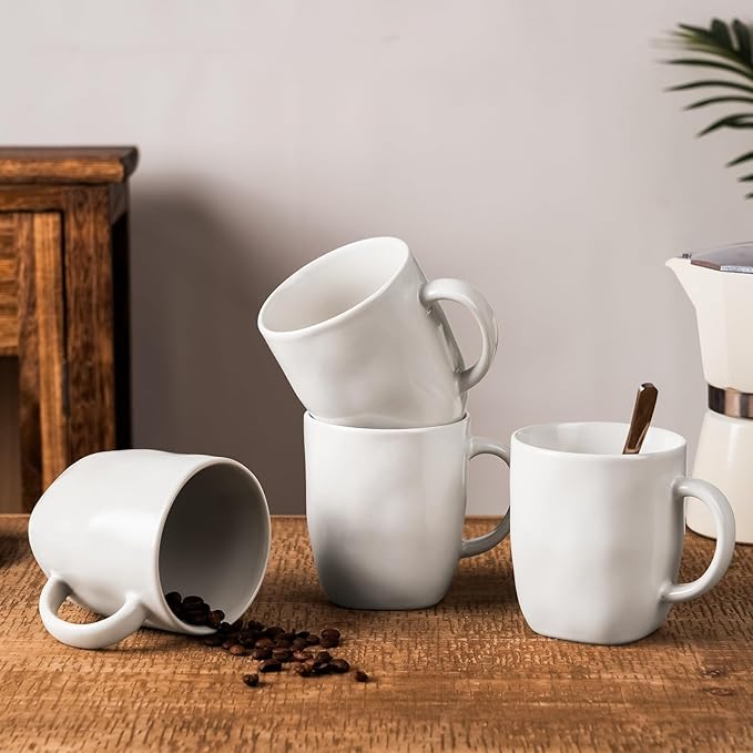 famiware Coffee Mugs Set of 4, Ocean Square 13oz Coffee Cup Set with Handle for Cocoa, Milk, Hot Chocolate, Tea, Water, Stoneware Cups for Kitchen, Microwave and Dishwasher Safe, Matte White-Ruum Studio Home
