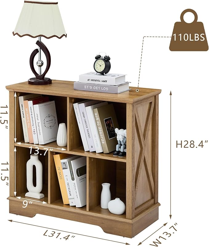 Farmhouse 5 Cube Bookshelf, Storage Organizer Bookcase, Kids Toy Storage Cabinet, Small Bookshelves Storage Organizer Shelf, Wood Display Cabinet Book Shelves for Bedroom,Living Room,Natural Oak-Ruum Studio Home