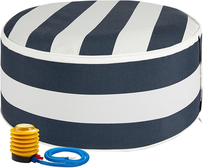 FUNHOME Inflatable Outdoor Ottoman with Air Pump,20"x9" Portable Patio Pouf,Water Resistant,Fade-Resistant,Round Blow Up Footrest Stools for Home Garden Camping Travel(Blue White)-Ruum Studio Home