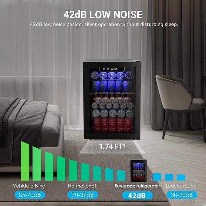 EUHOMY 100 Can Beverage Refrigerator cooler-Mini Fridge Glass Door for Beer Drinks Wines, Freestanding Beverage Fridge with Adjustable Shelves Blue LED for Home/Office/Dorm/Bar, 2.7 cu.ft-Ruum Studio Home