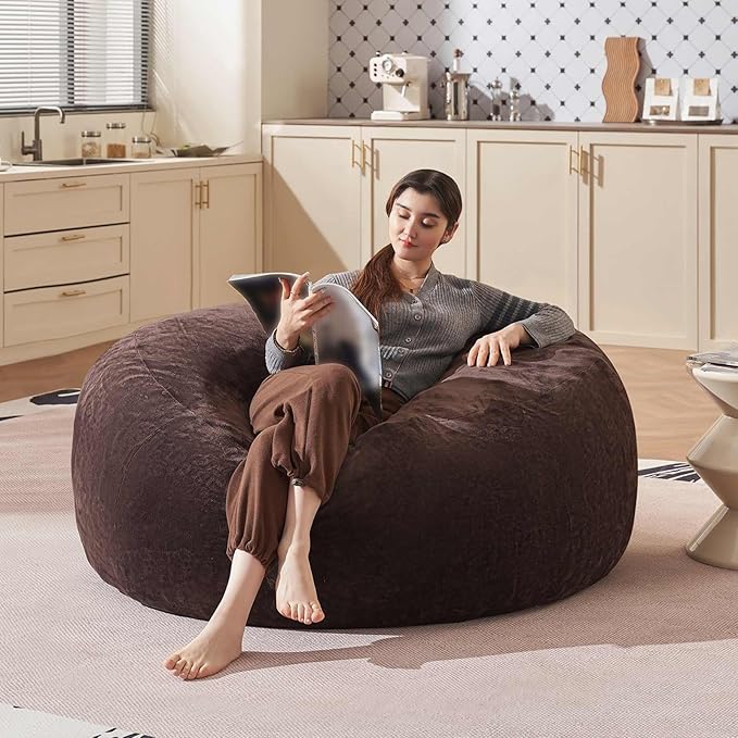 Bean Bag Chair 4Ft, Memory Foam Filled, Large Beanbag Chairs for Adults and Teens, Soft Sofa with Removable Flannel Cover, Round Couch for Living Room Bedroom College Dorm (Brown, 4FT-47×47"×24")-Ruum Studio Home