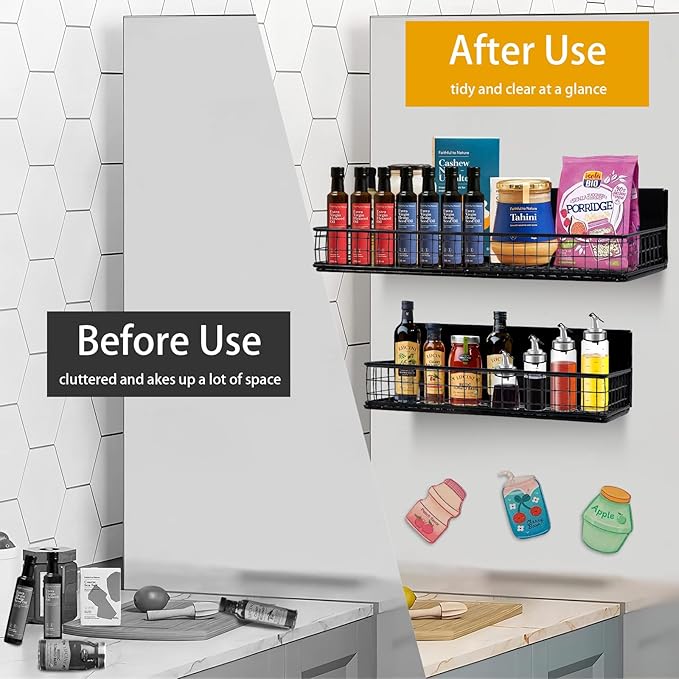 Magnetic Storage Basket, Magnetic Shelf for Fridge,Magnetic Spice Rack Wire Mesh Magnetic Organizer Holder Accessories for Office Kitchen Classroom Storage, Black-Short, Large x1&Small x1 Set of 2-Ruum Studio Home