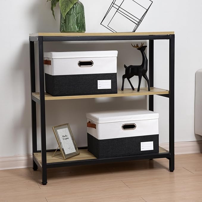 PRANDOM Foldable Storage Bins with Lids [3-Pack] Fabric Collapsible Storage Boxes Baskets Cubes Containers with Handles for Closet Living Room Bedroom (Black & White 14.9x9.8x9.8'')-Ruum Studio Home