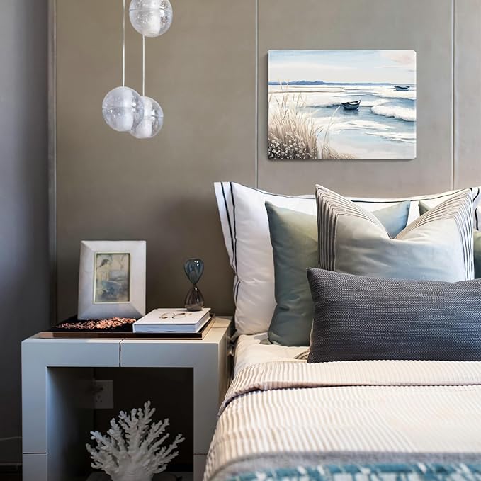 amatop Coastal Wall Art - Nautical Ocean Canvas Print with Light Blue & White Seascape, Boat, Reeds - Beach Picture for Modern Farmhouse, Lake House, Bedroom, Bathroom, Beach-Themed Artwork，16x12-Ruum Studio Home