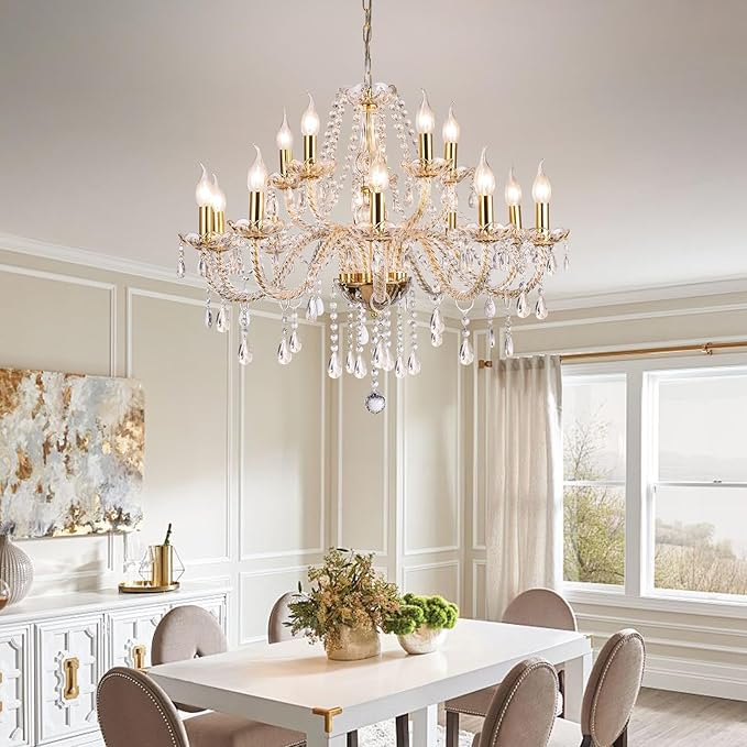 Modern Elegant 15 Lights K9 Crystal Glass Chandelier Golden Pendant Ceiling Lighting European Style for Dining Living Room Bedroom Transparent,15 E12 Bulbs Required-Ruum Studio Home